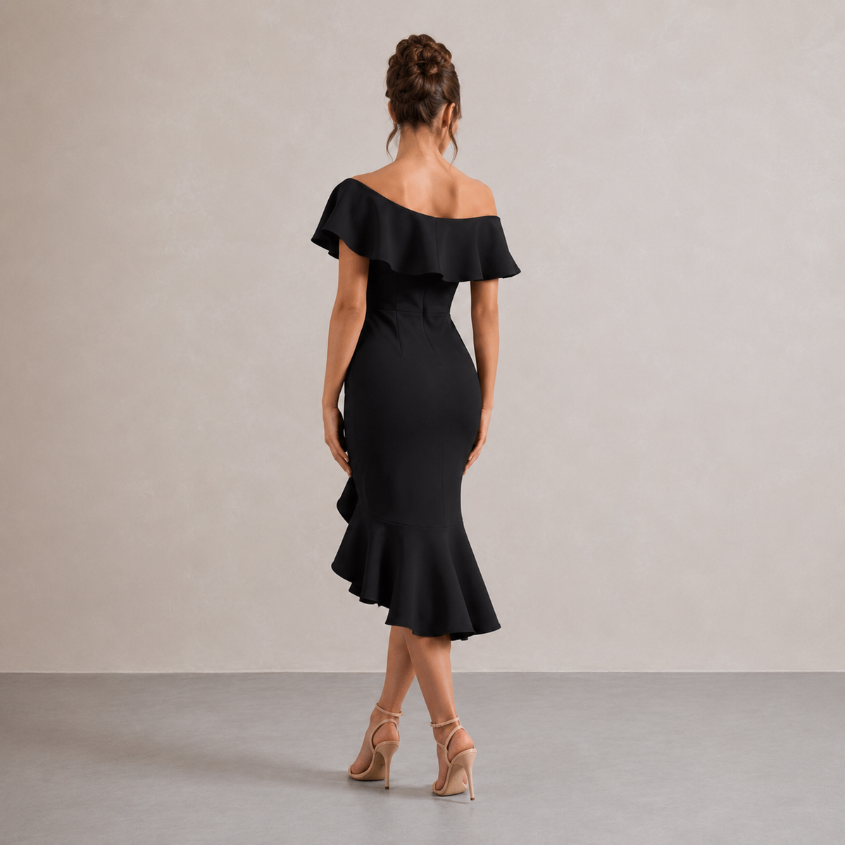 Off Shoulder Ruffle Fishtail Bodycon Midi Dress 12