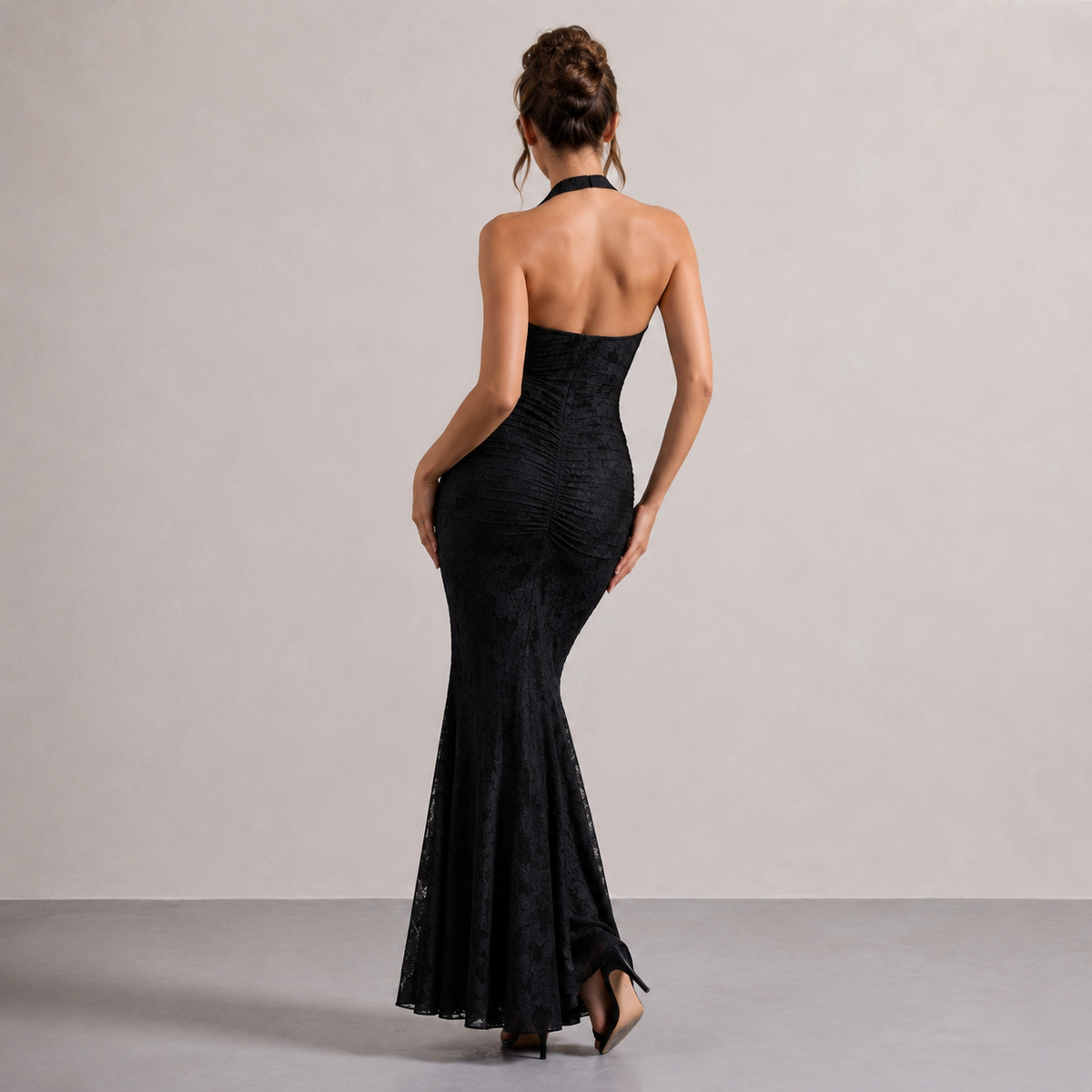 Plunge Halter Backless Ruched Lace Fishtail Maxi Gown 3