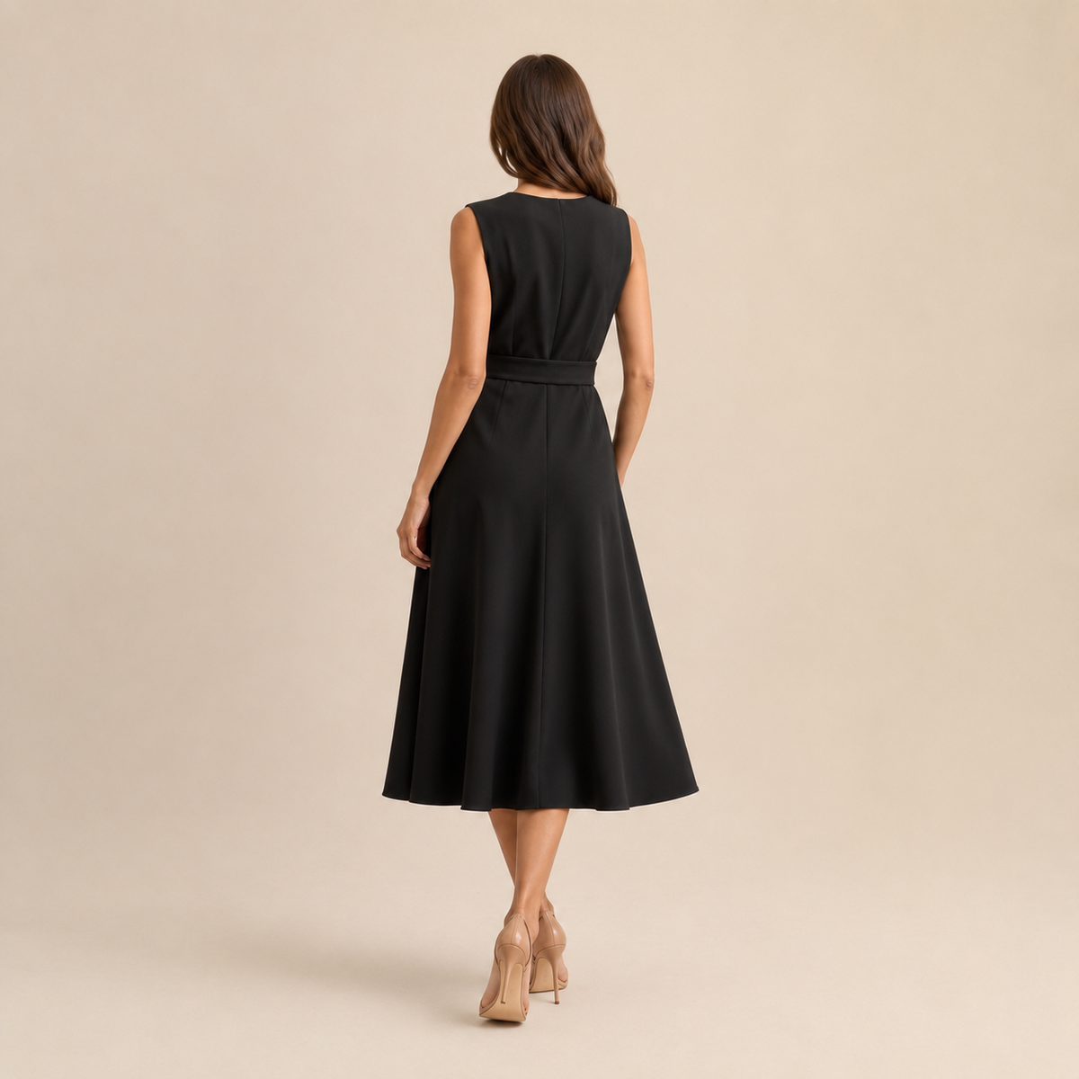 Round Neck Sleeveless Belted Pleated Fit and Flare Midi Dress 3