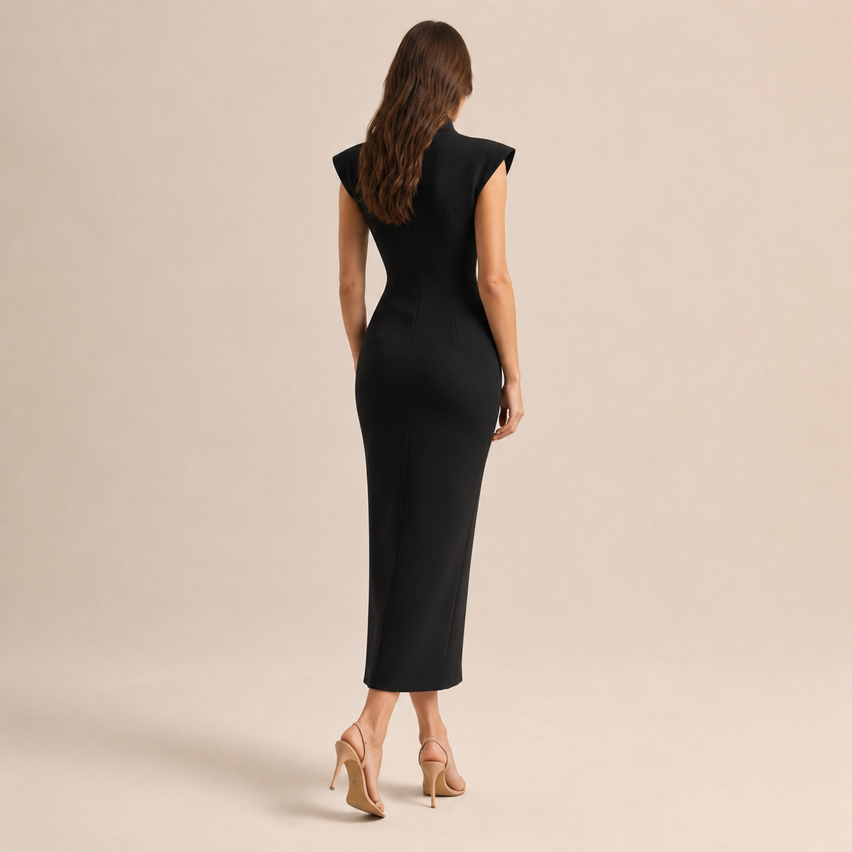 Stand Collar Cap Sleeve Split Neck Bodycon Midi Dress 3
