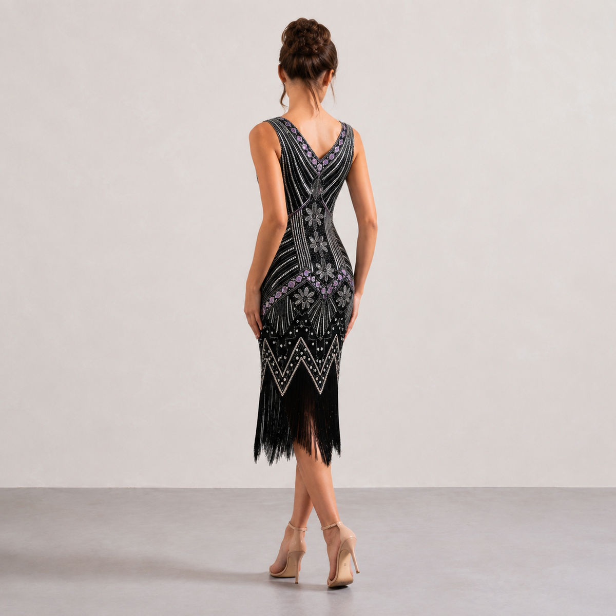 V-Neck Beaded Fringe Sleeveless Flapper Midi Dress 3