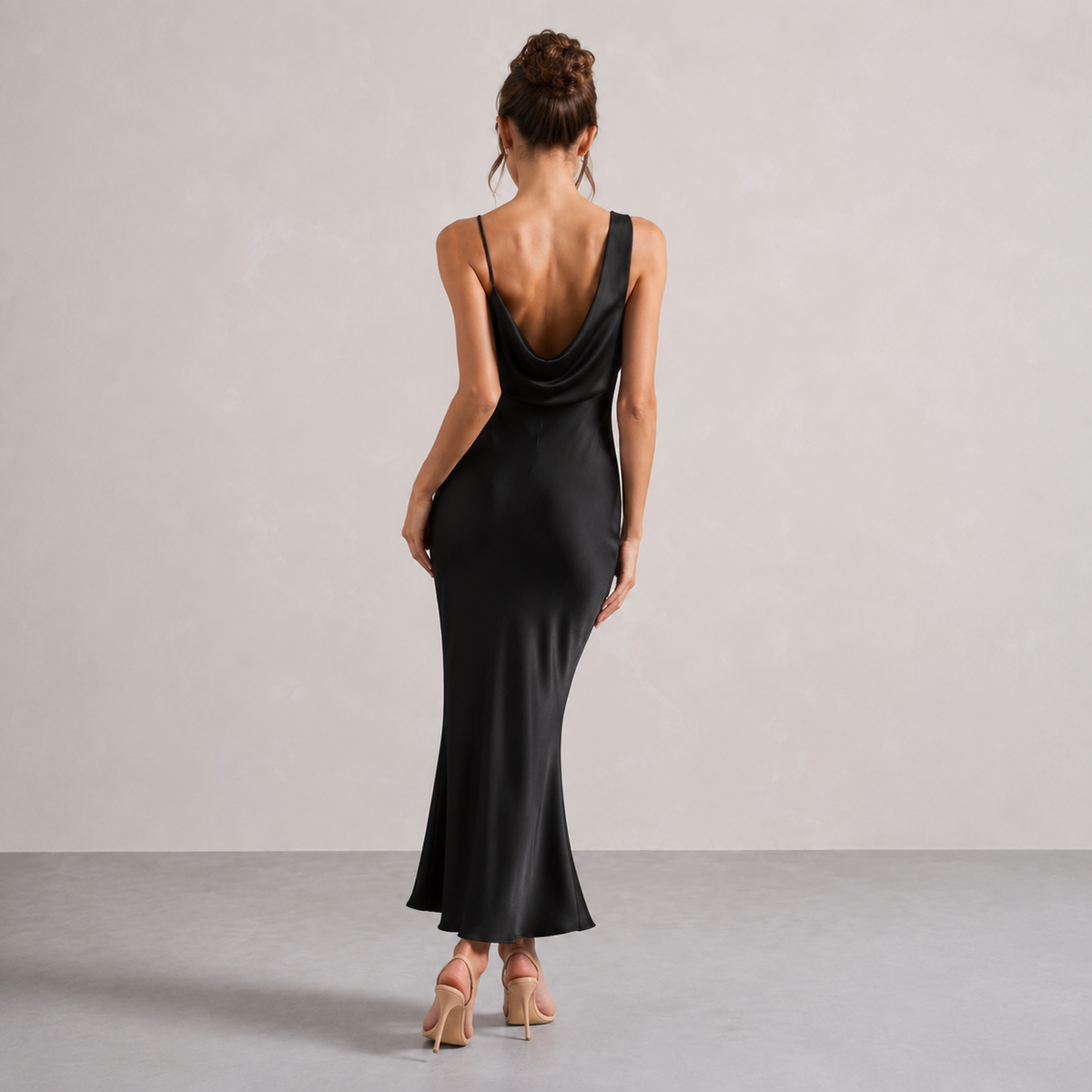 Cowl Neck Asymmetric Strap Satin Slip Maxi Dress 3