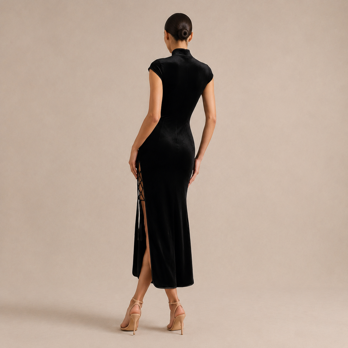 Mandarin Collar Cap Sleeve Frog Button Side Split Velvet Maxi Dress 3