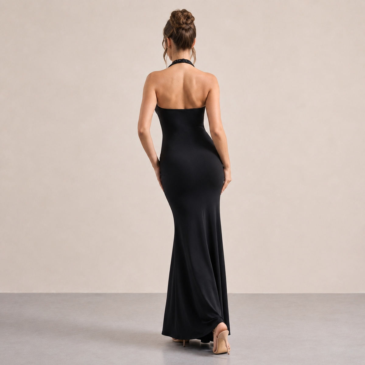 Halter Neck Embellished High Split Bodycon Maxi Gown 3