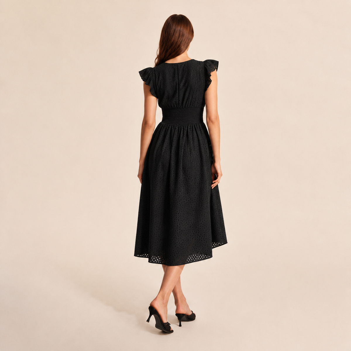 Broderie V-Neck Flutter Sleeve Shirred Waist A-Line Midi Dress 3