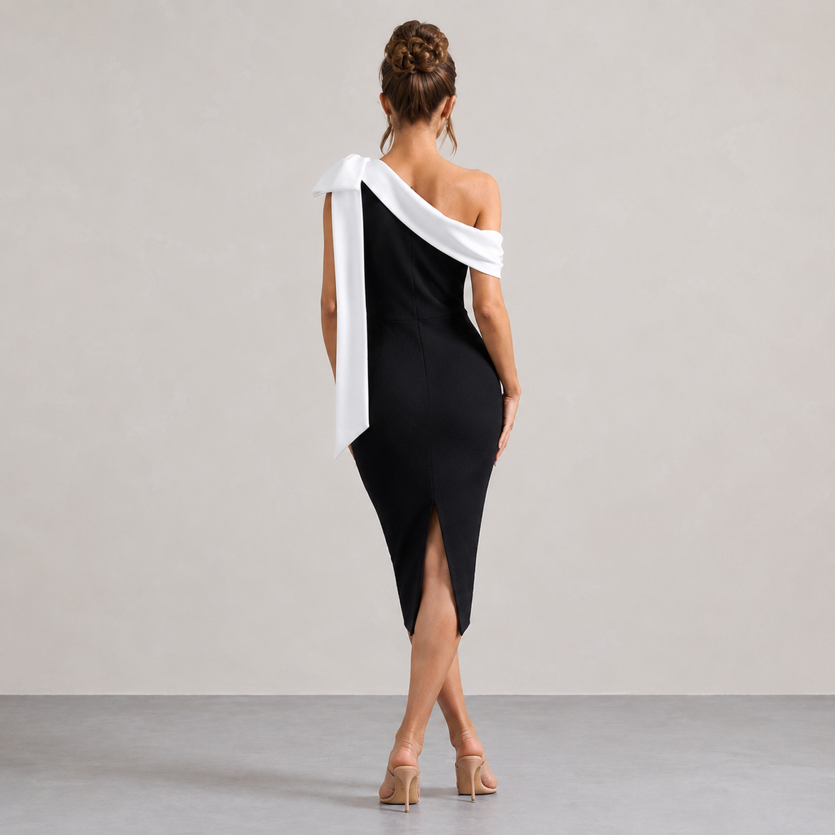 One Shoulder Contrast Bow Bandage Bodycon Midi Dress 3