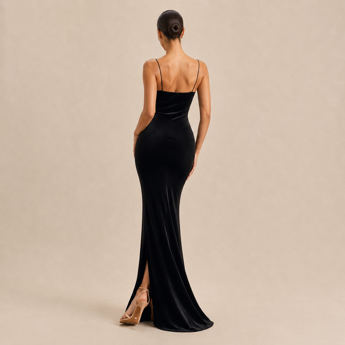 Velvet Cowl Neck Strappy High Split Fishtail Maxi Dress 3