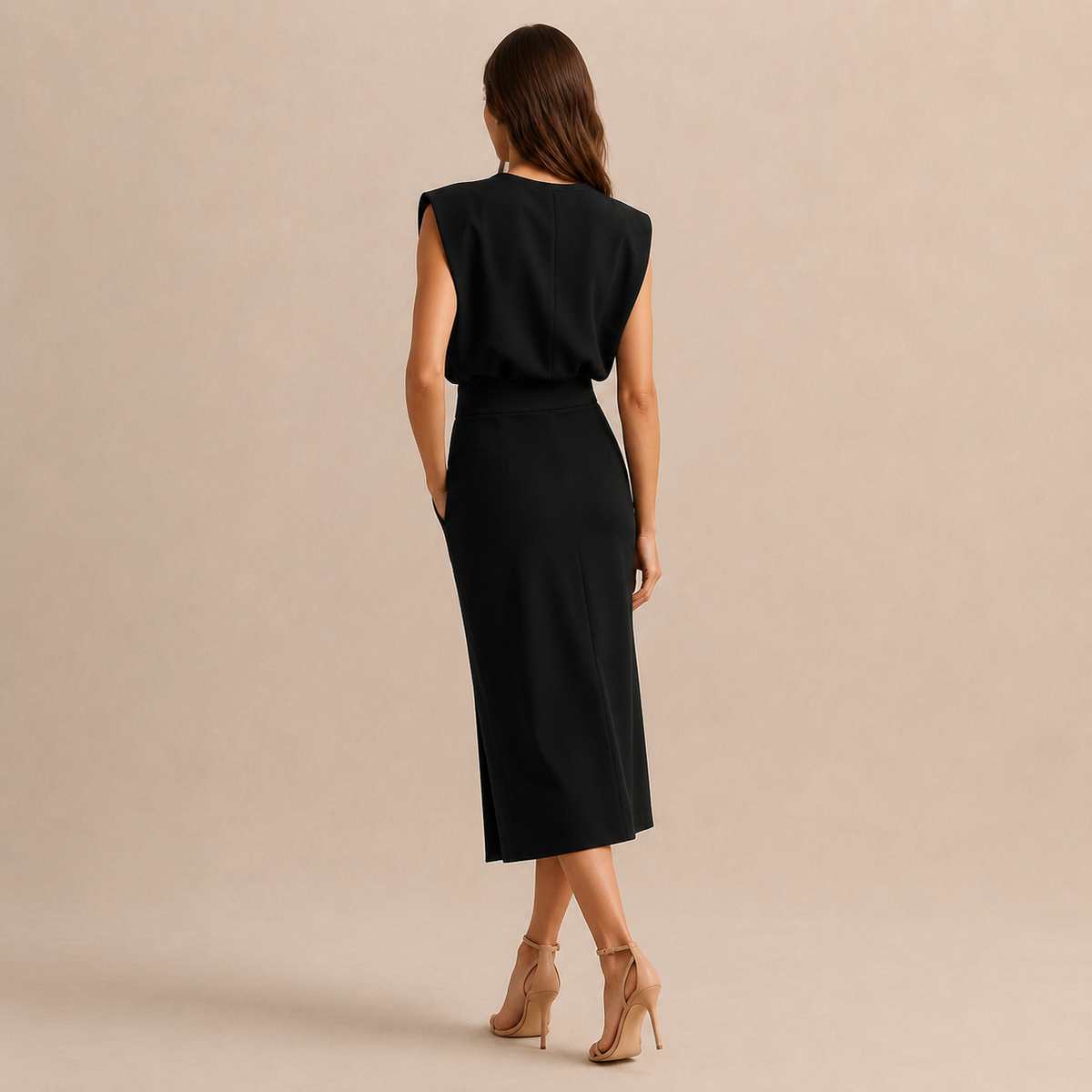 Round Neck Shoulder Pad Button Front Split Midi Dress 3
