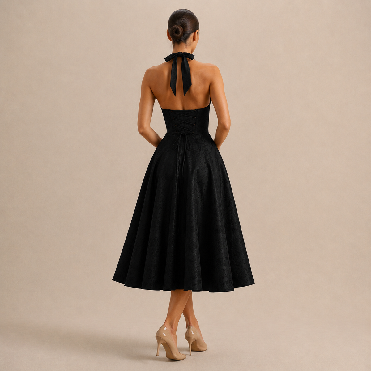 Floral Jacquard Halter Deep V-Neck Fit and Flare Midi Dress 15
