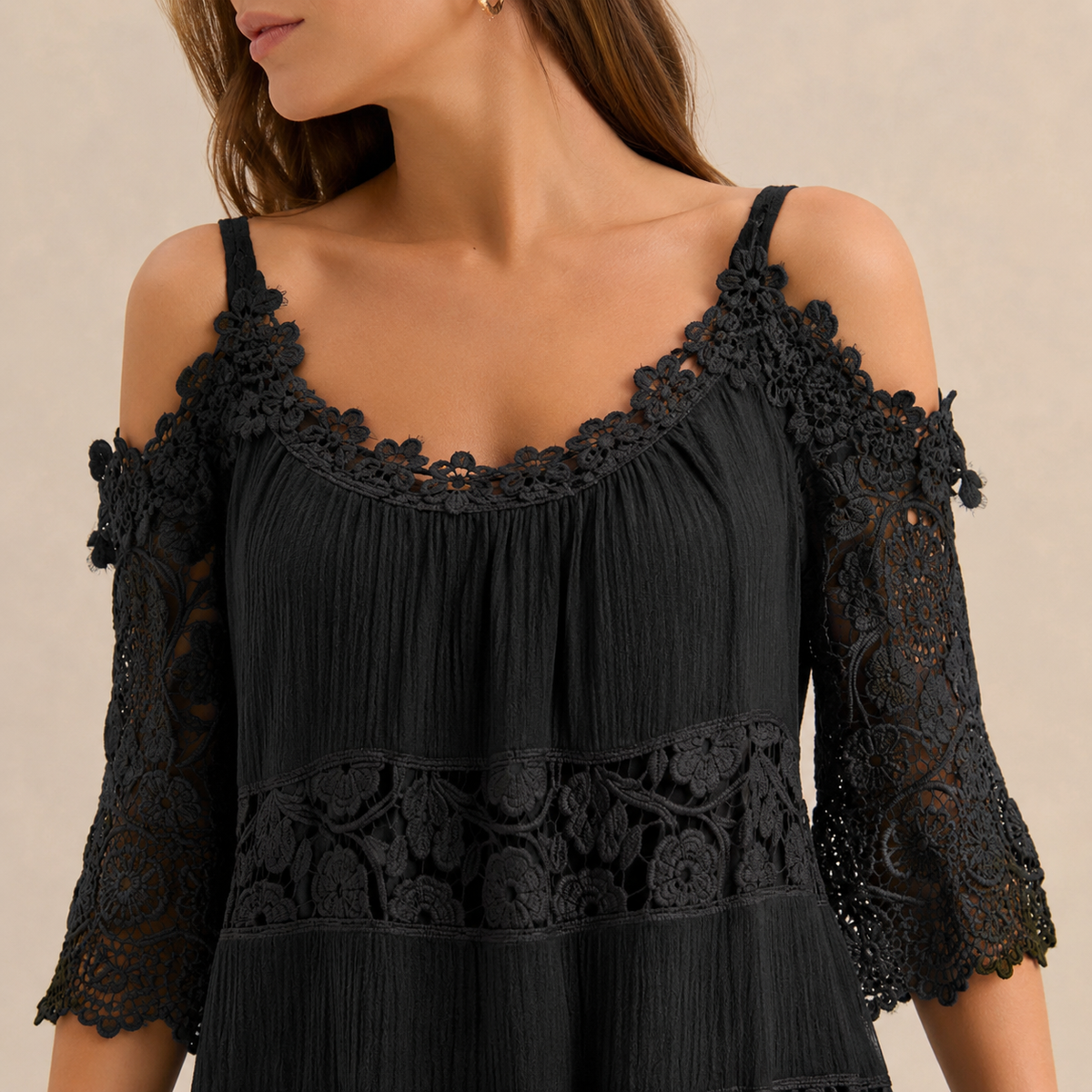 Off Shoulder Crochet Lace Trim Tiered Midi Dress 2