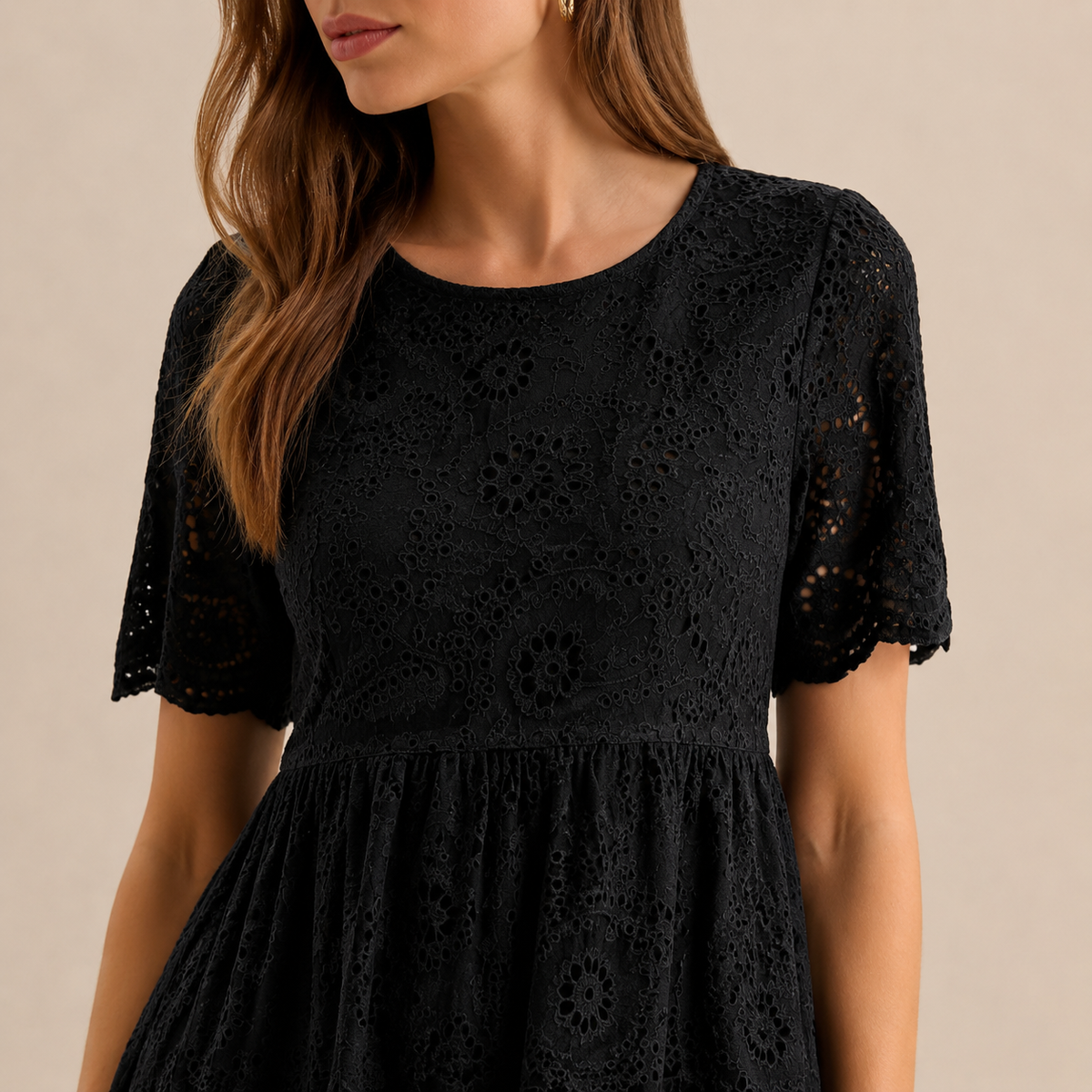 Round Neck Puff Sleeve Eyelet Tiered Midi Dress 2