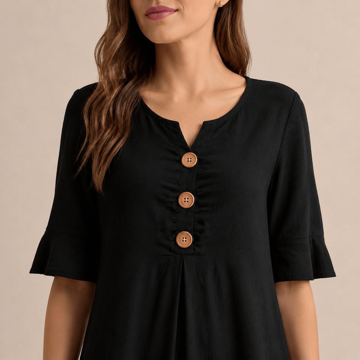 Notch Neck Wooden Button Front Pleated A-Line Midi Dress 2