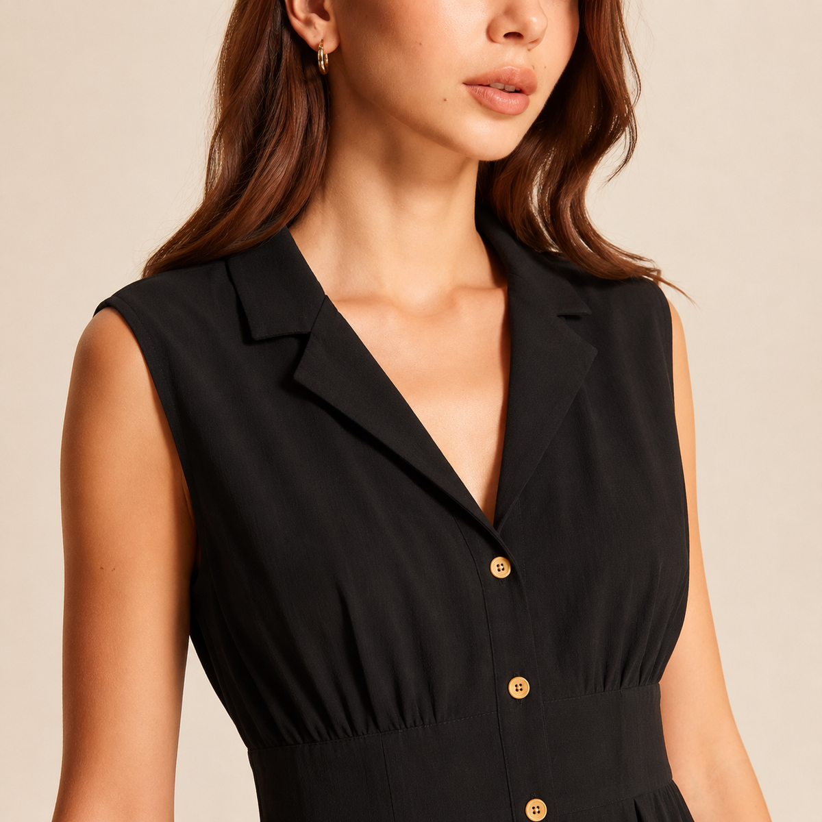 Notch Lapel Sleeveless Button Front A-Line Midi Dress 2
