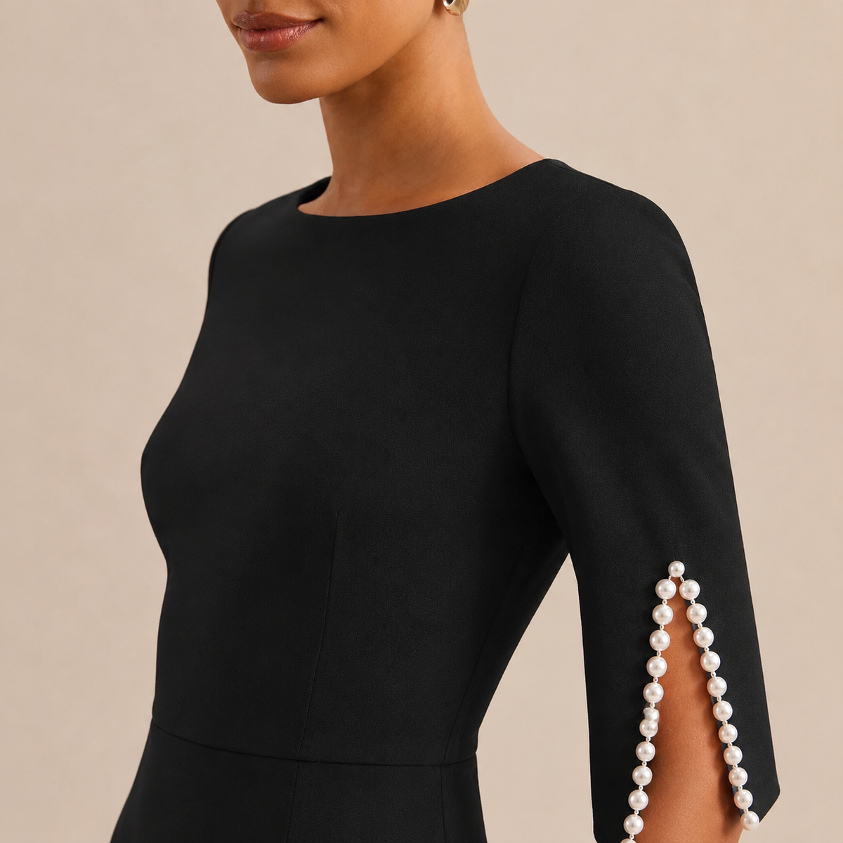 Boat Neck Pearl Split Sleeve Bodycon Midi Dress 2