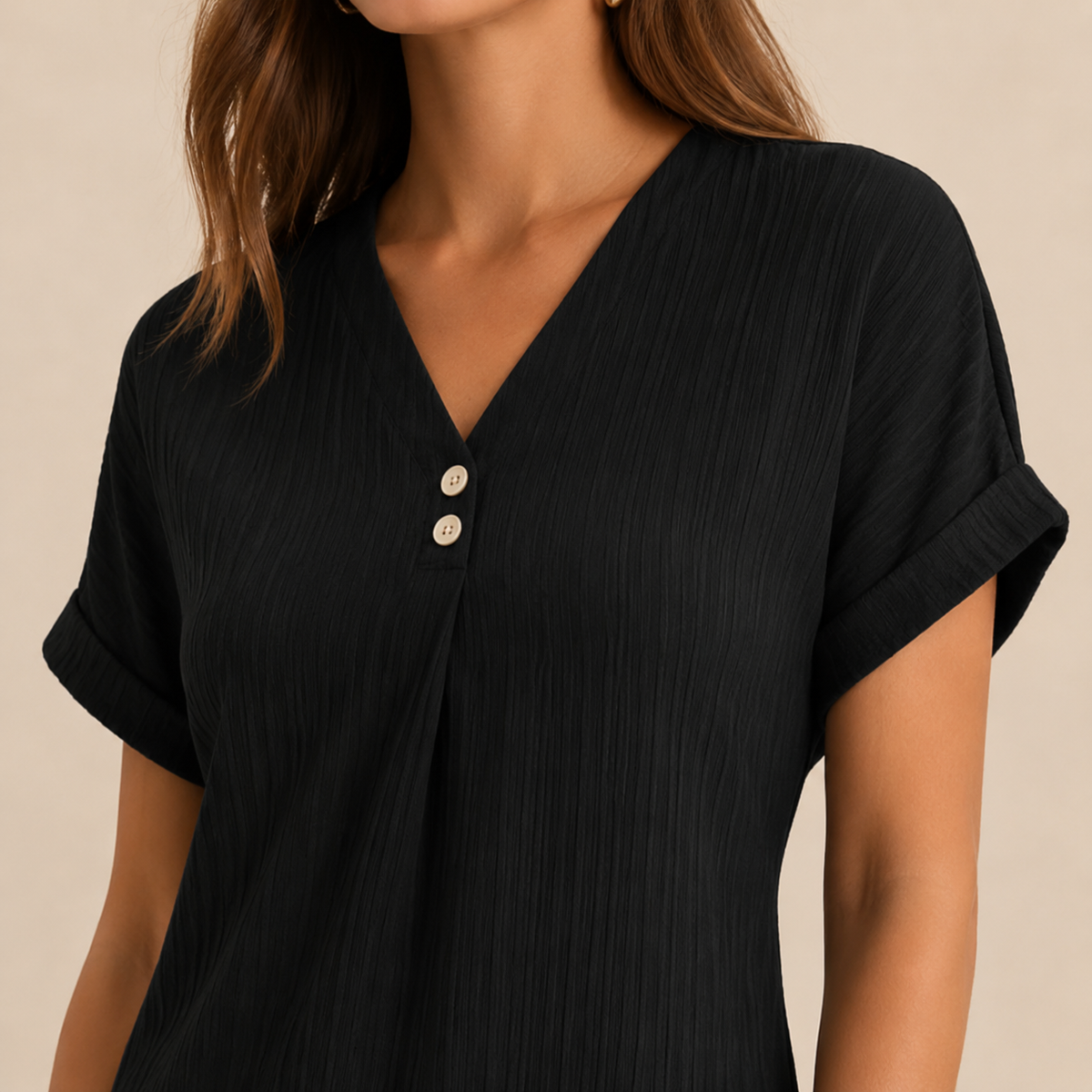 V-Neck Short Sleeve Button Front Ribbed Midi Shift Dress 2