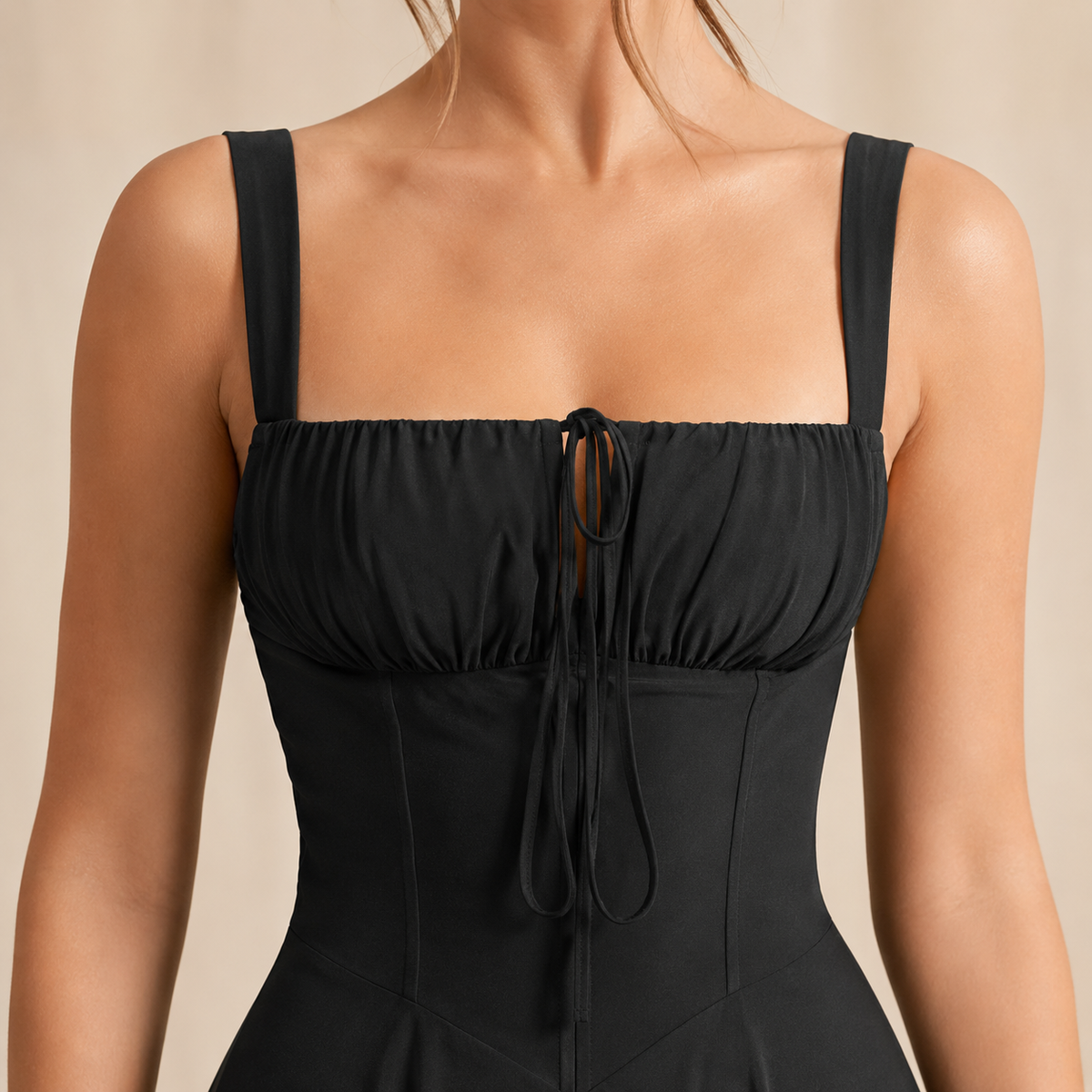 Square Neck Tie Front Corset Fit and Flare Midi Dress 2
