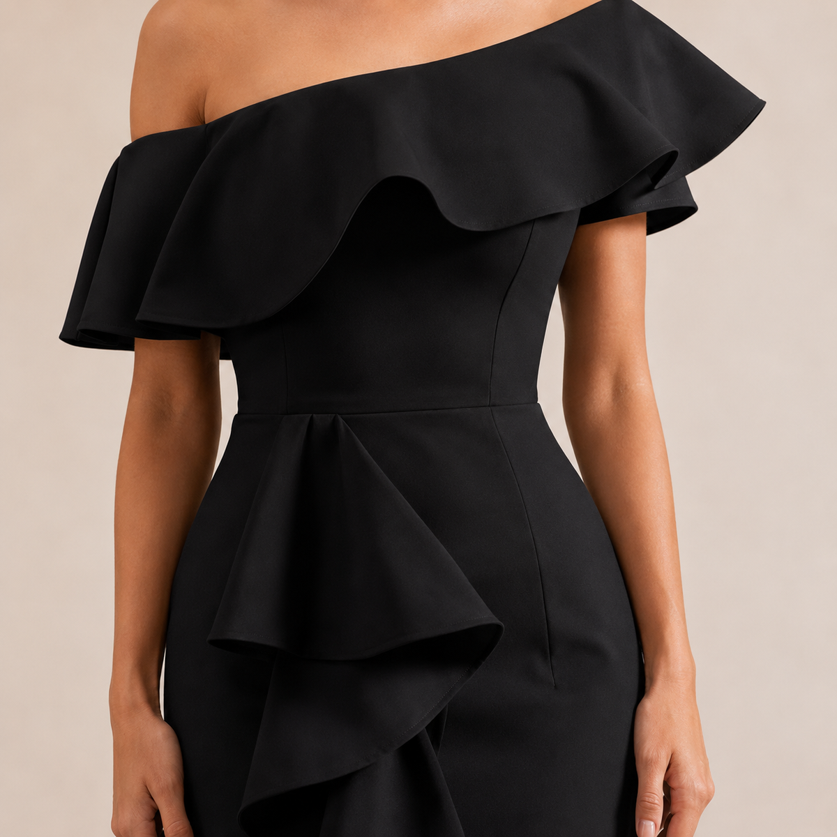 Off Shoulder Ruffle Fishtail Bodycon Midi Dress 11