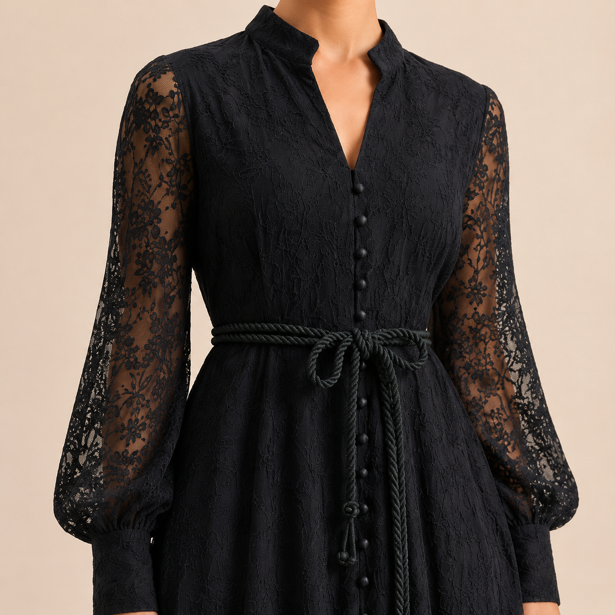 Lace Long Sleeve Button Front Belted Maxi Dress 2