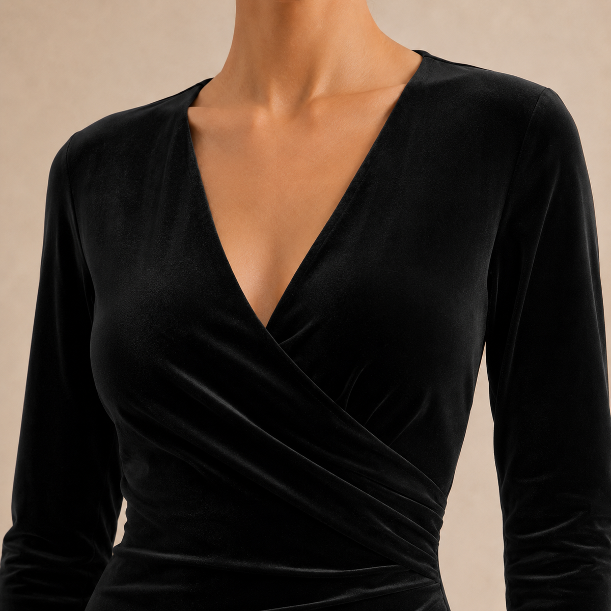 V-Neck Long Sleeve Ruched Velvet Wrap Midi Dress 2