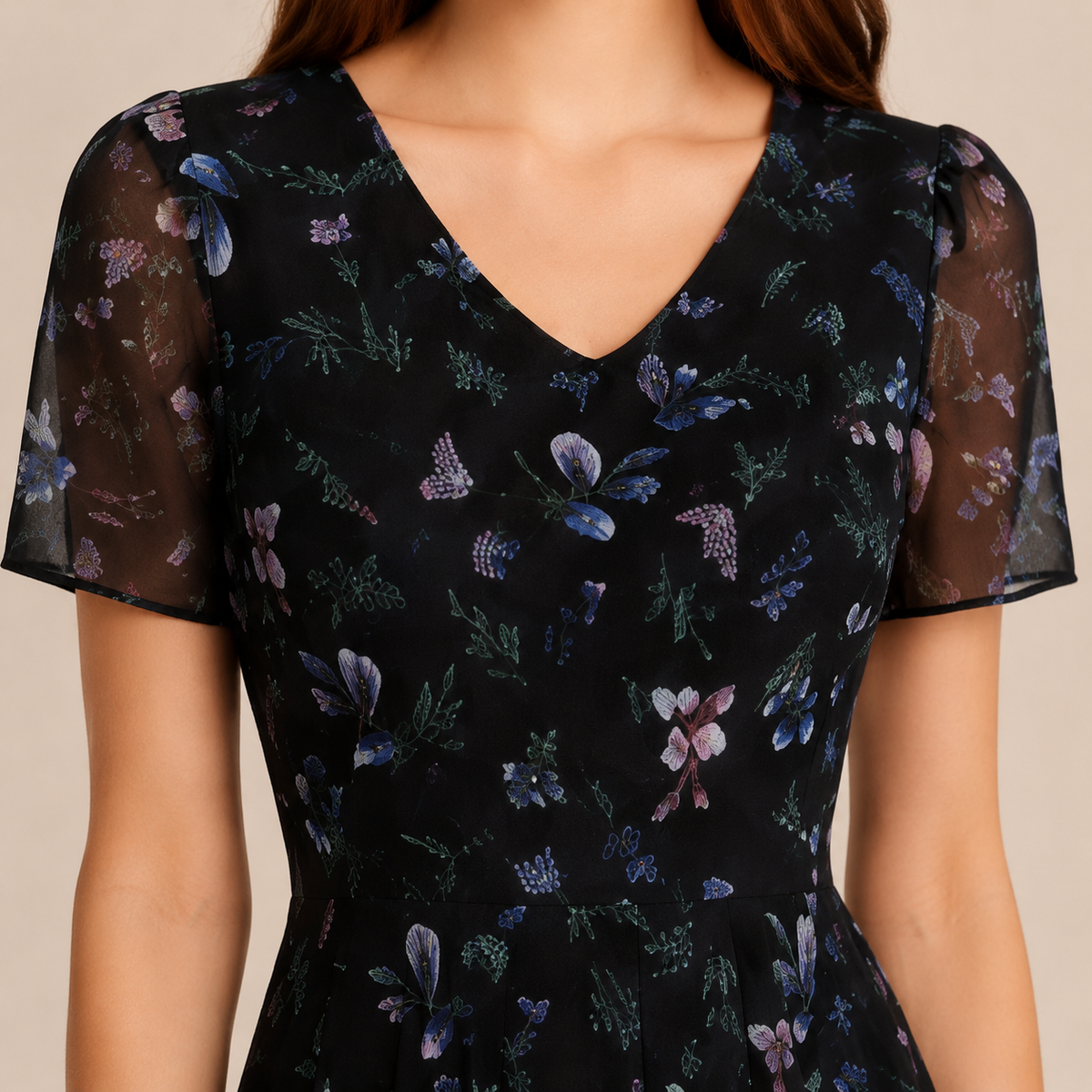 Floral V-Neck Short Sleeve Chiffon Fit and Flare Midi Dress 2