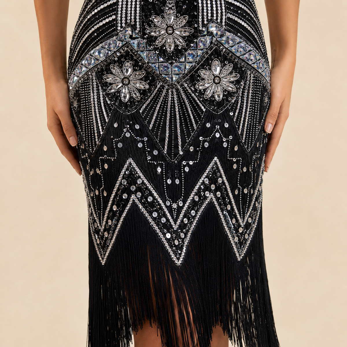 V-Neck Beaded Fringe Sleeveless Flapper Midi Dress 2