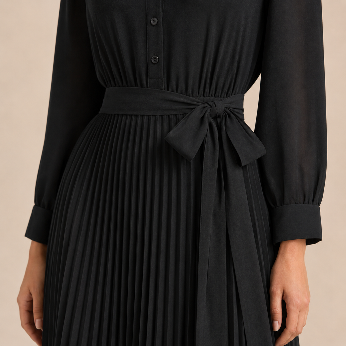 Band Collar Button Front Belted Pleated Shirt Maxi Dress 11