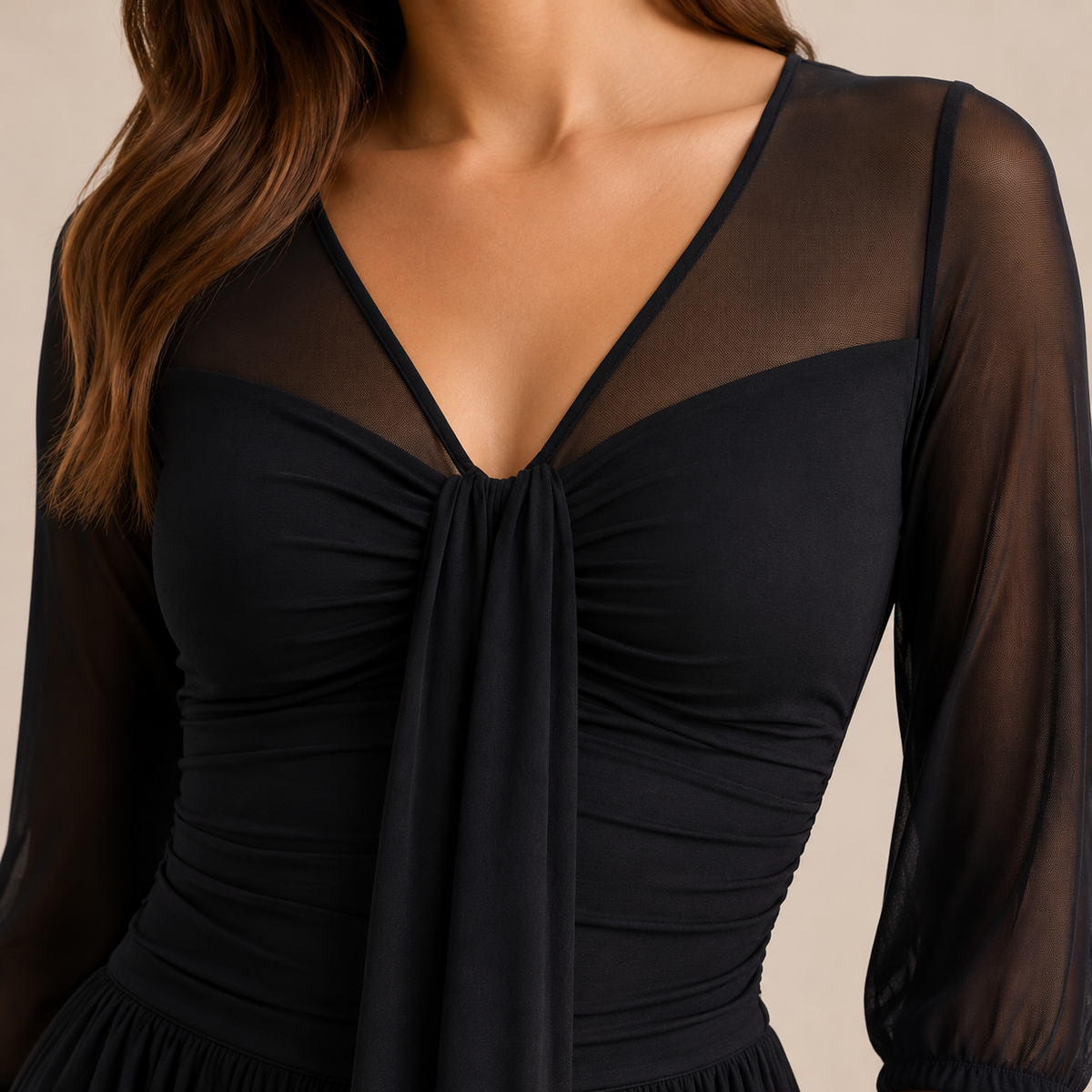 V-Neck Mesh Sleeve Tie Front Ruched Midi Dress 2