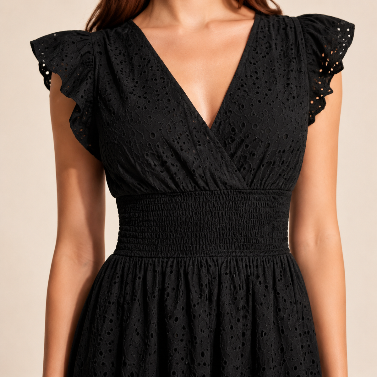Broderie V-Neck Flutter Sleeve Shirred Waist A-Line Midi Dress 2