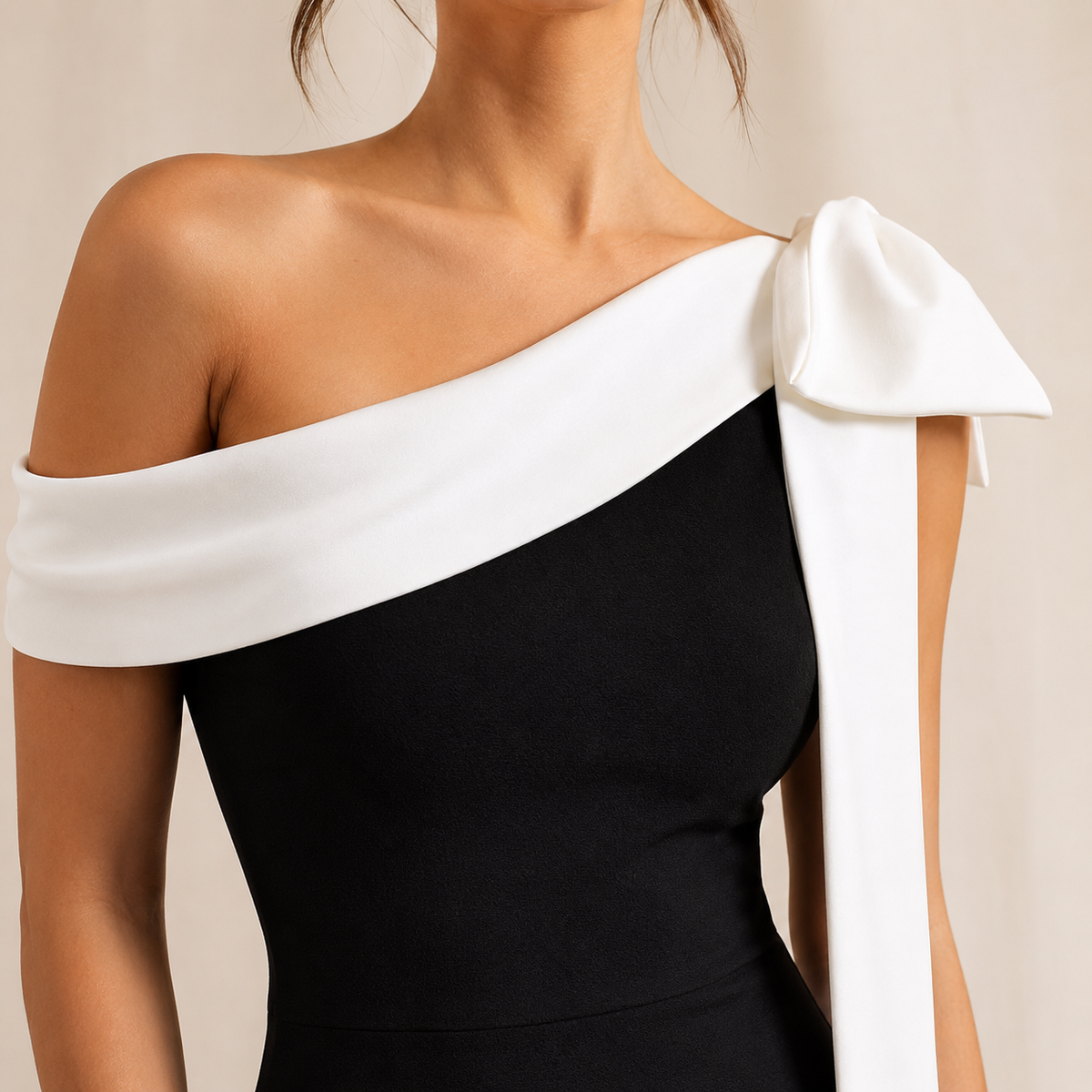 One Shoulder Contrast Bow Bandage Bodycon Midi Dress 2