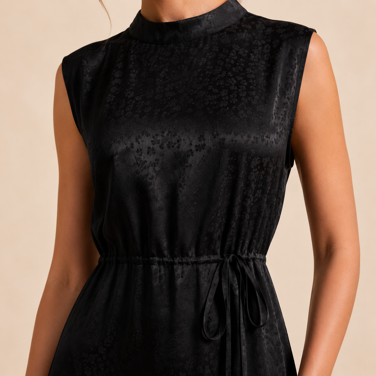 Mock Neck Sleeveless Tie Waist Jacquard Satin Midi Dress 2