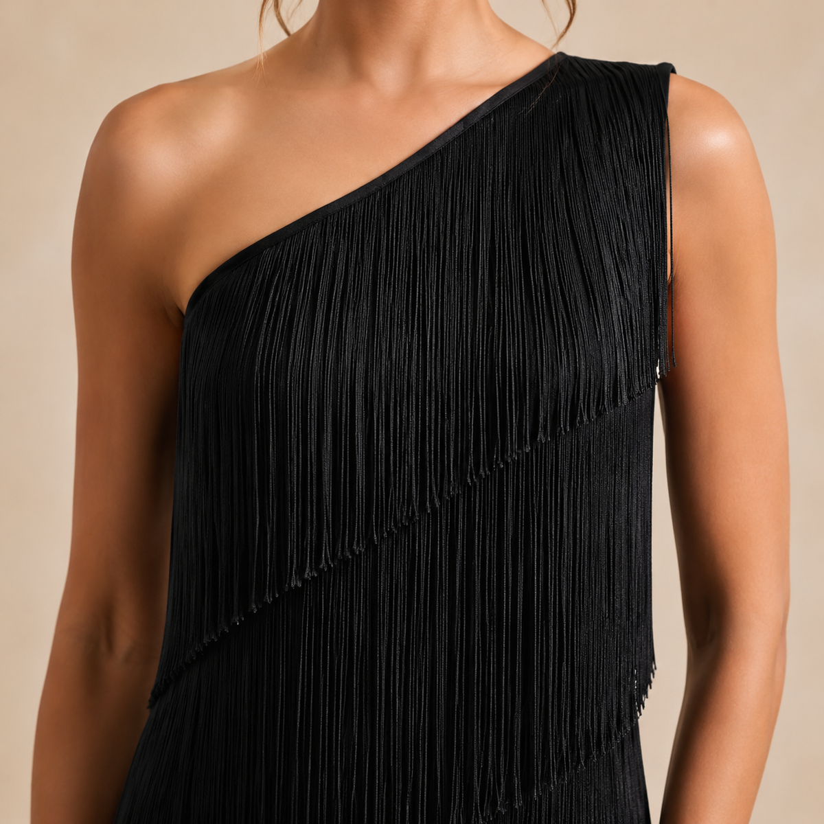 One Shoulder Tiered Tassel Fringe Bodycon Maxi Dress 2