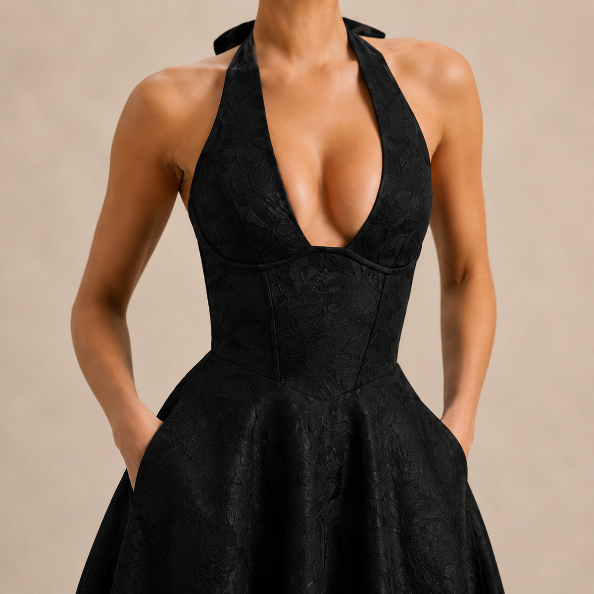 Floral Jacquard Halter Deep V-Neck Fit and Flare Midi Dress 14