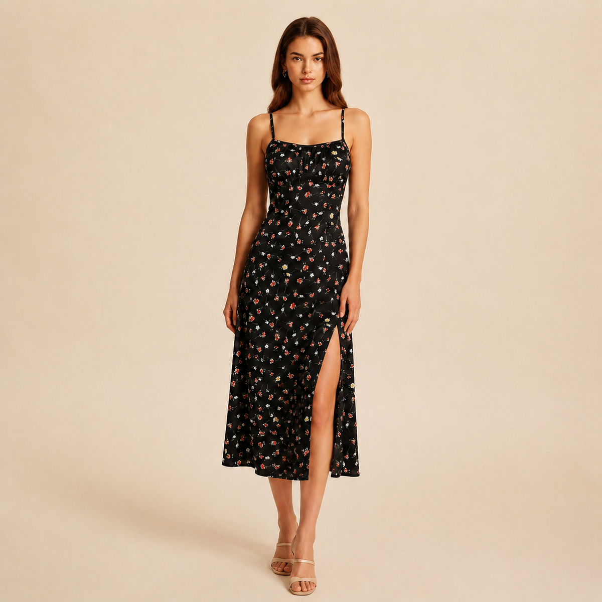 Ditsy Floral Strappy High Split Satin Midi Dress