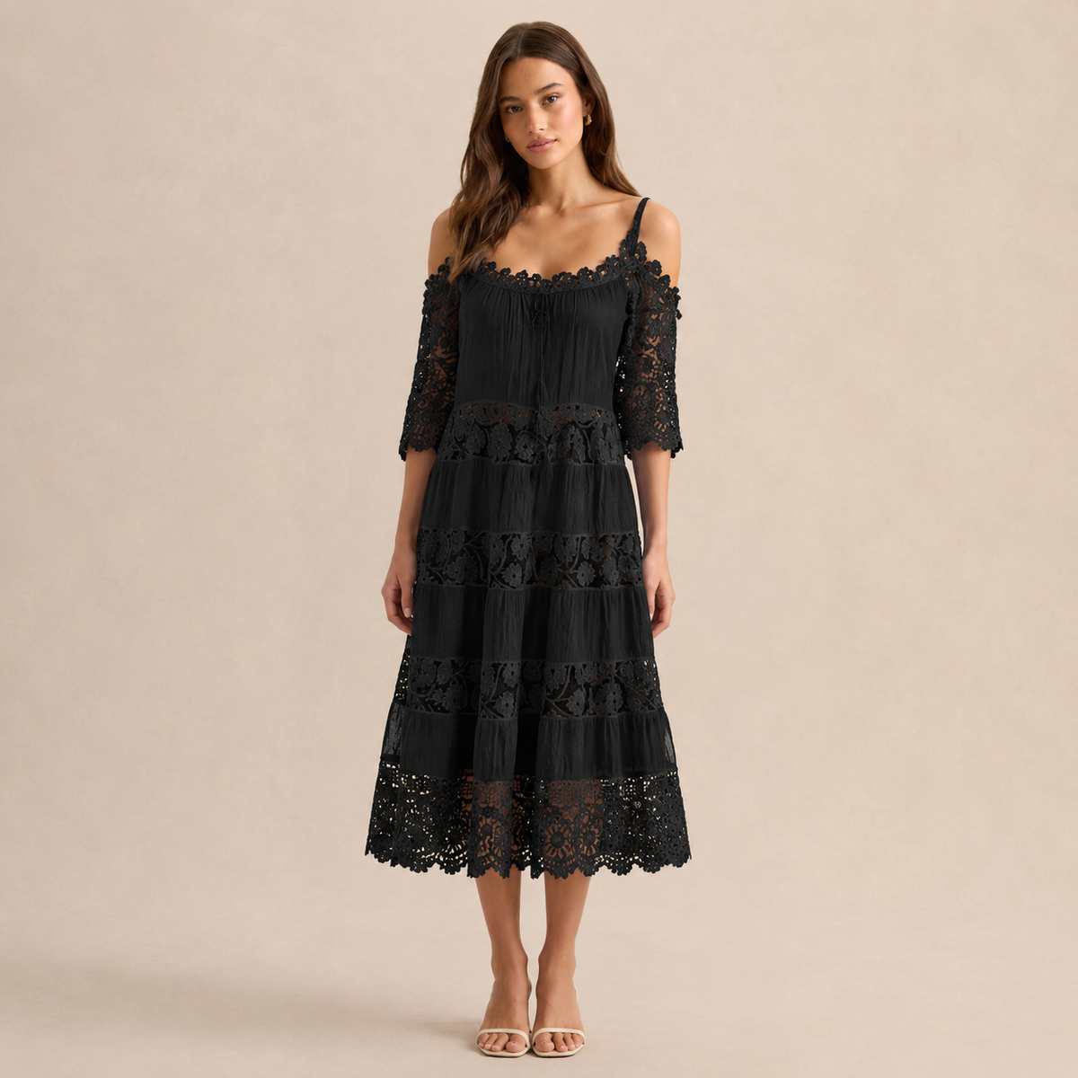Off Shoulder Crochet Lace Trim Tiered Midi Dress