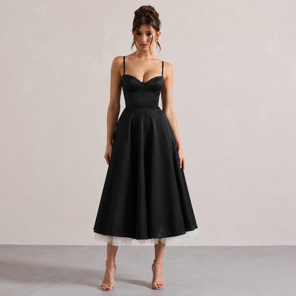 Sweetheart Cami Strap Corset A-Line Satin Midi Dress