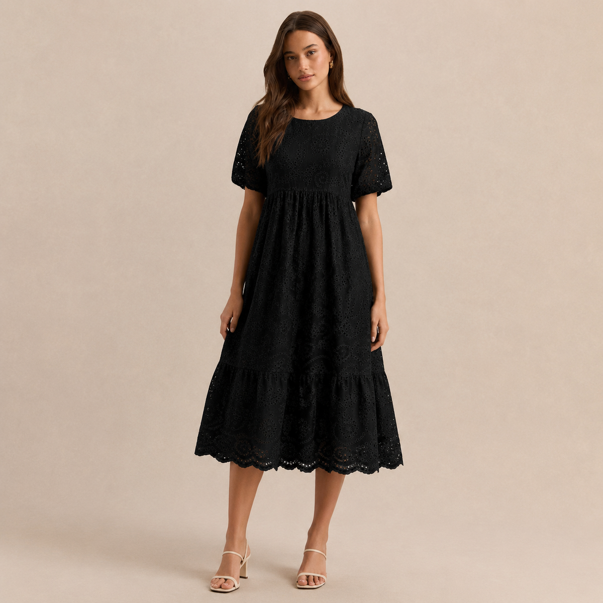 Round Neck Puff Sleeve Eyelet Tiered Midi Dress