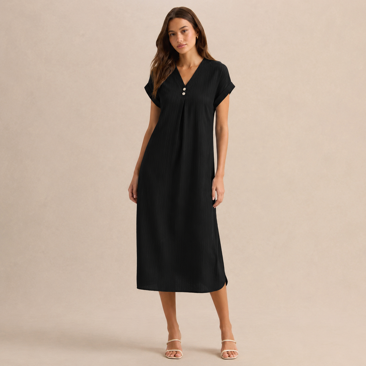 V-Neck Short Sleeve Button Front Ribbed Midi Shift Dress
