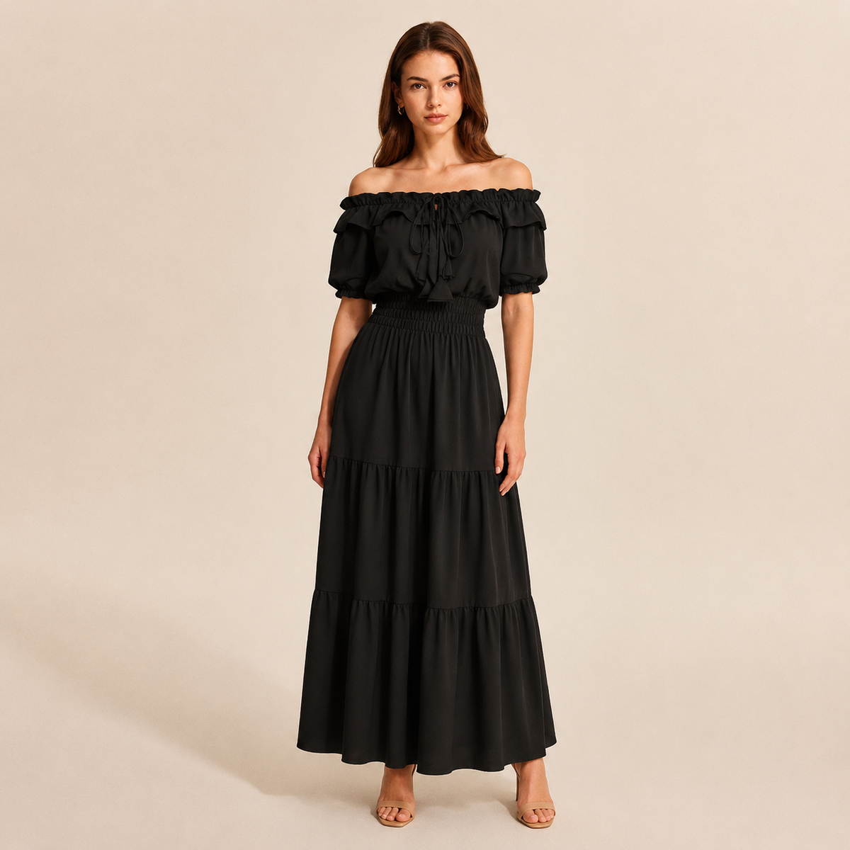 Off Shoulder Ruffle Puff Sleeve Tiered Maxi Dress