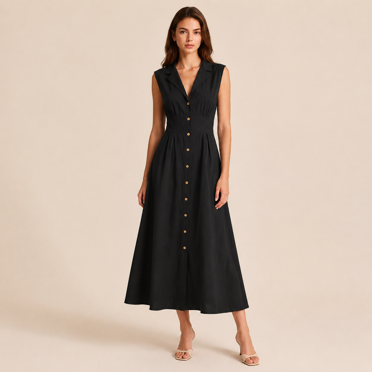 Notch Lapel Sleeveless Button Front A-Line Midi Dress