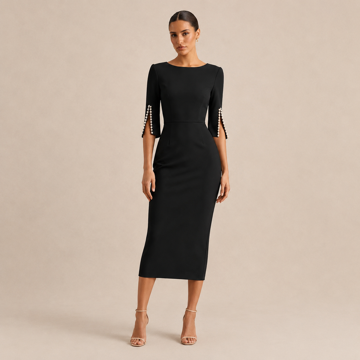 Boat Neck Pearl Split Sleeve Bodycon Midi Dress
