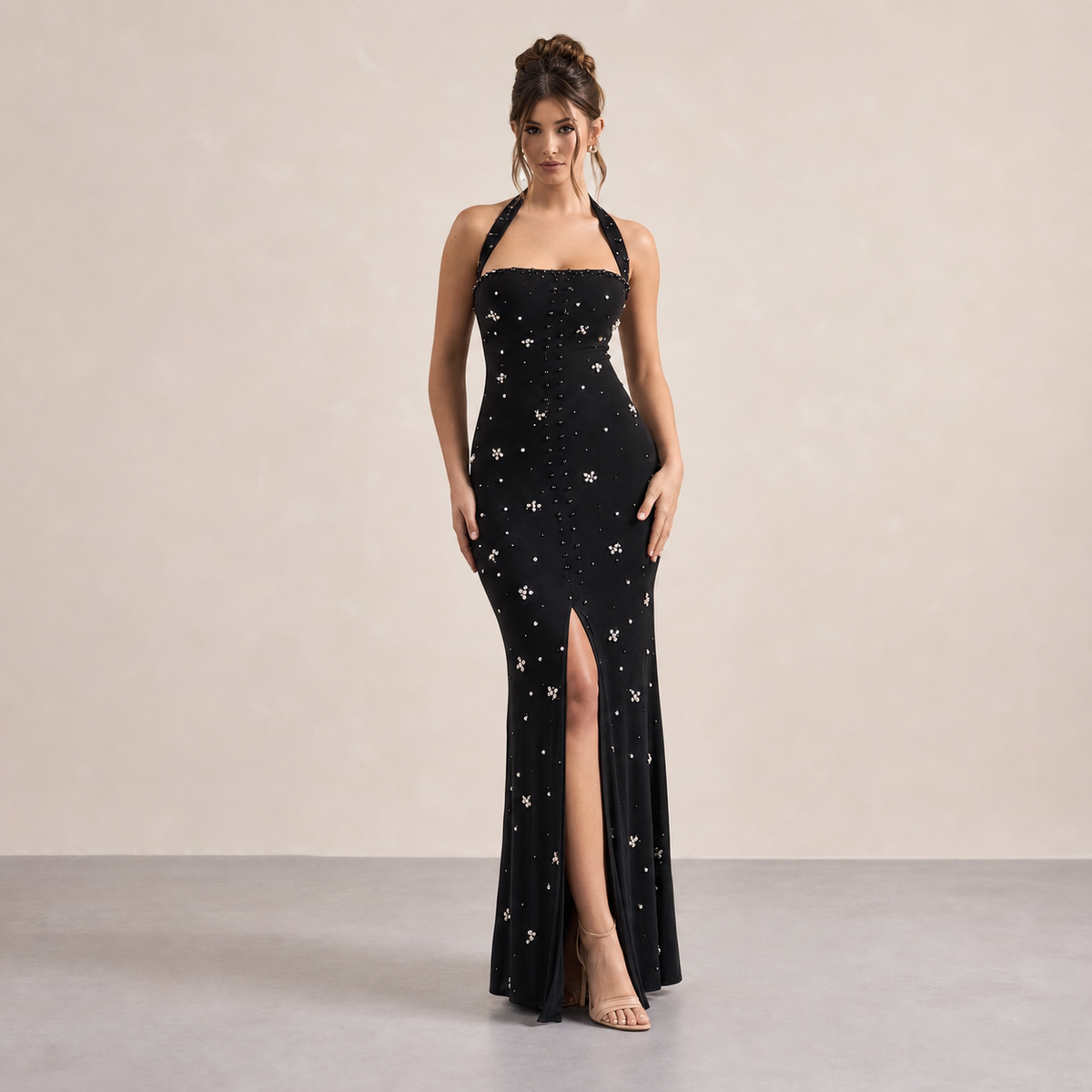 Halter Neck Embellished High Split Bodycon Maxi Gown