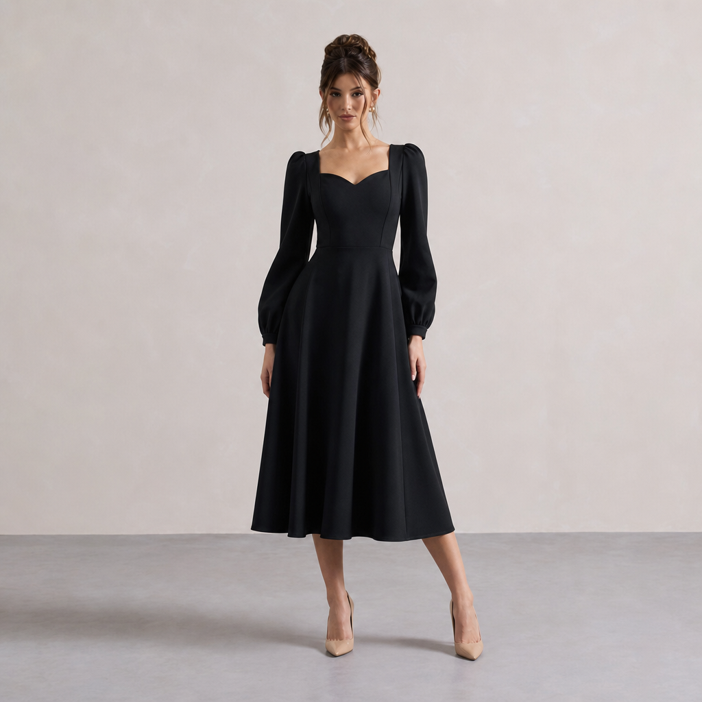 Sweetheart Neck Long Puff Sleeve Fit and Flare Midi Dress