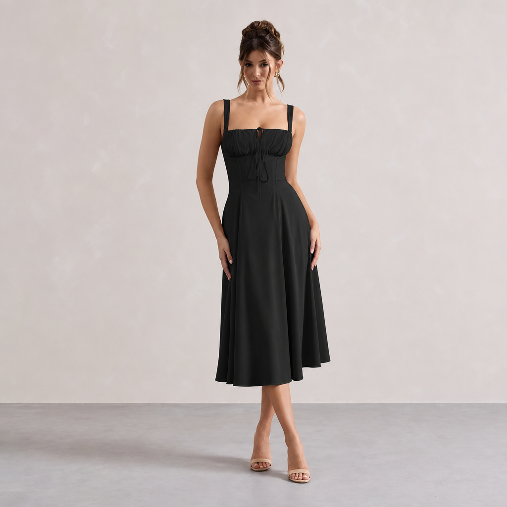 Square Neck Tie Front Corset Fit and Flare Midi Dress