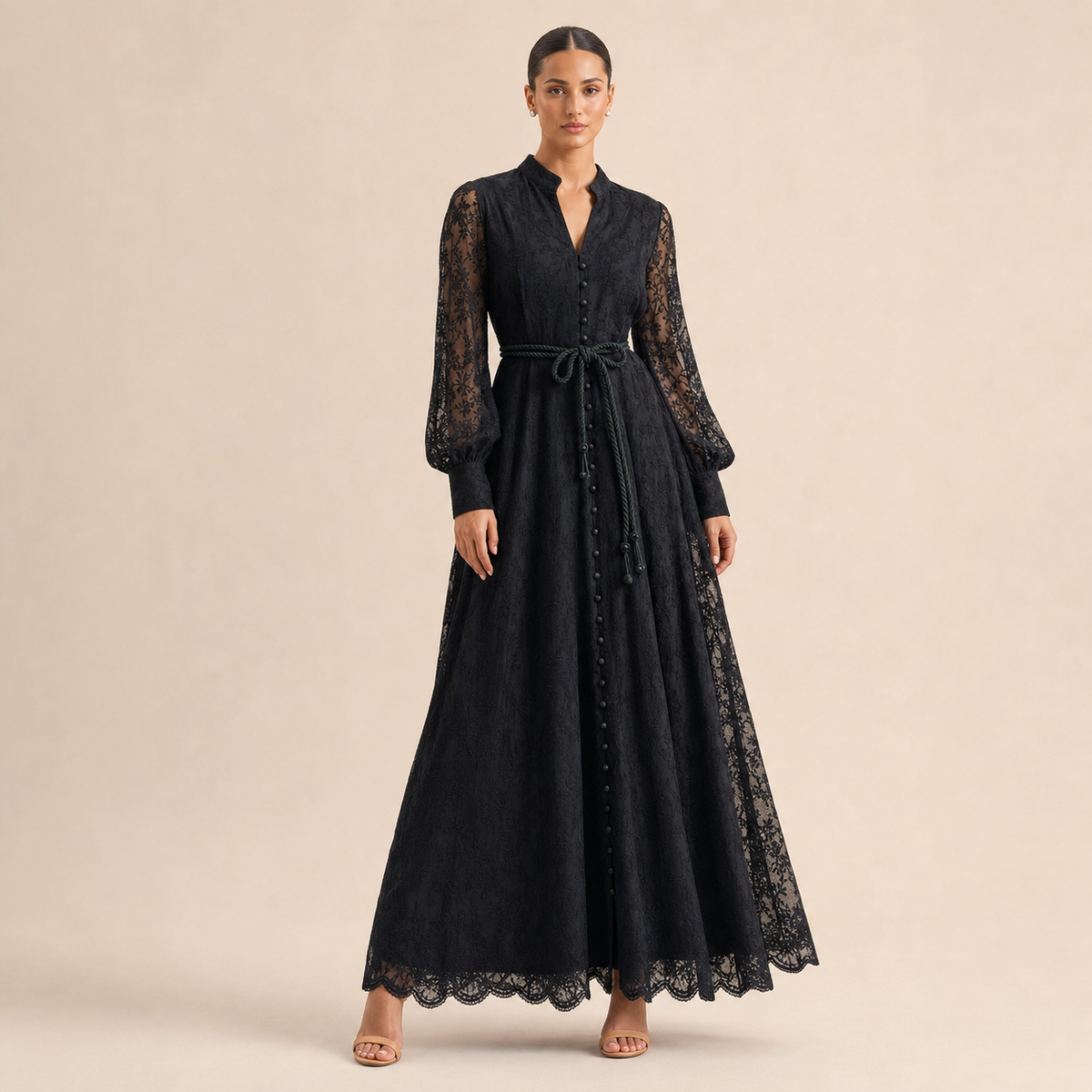 Lace Long Sleeve Button Front Belted Maxi Dress
