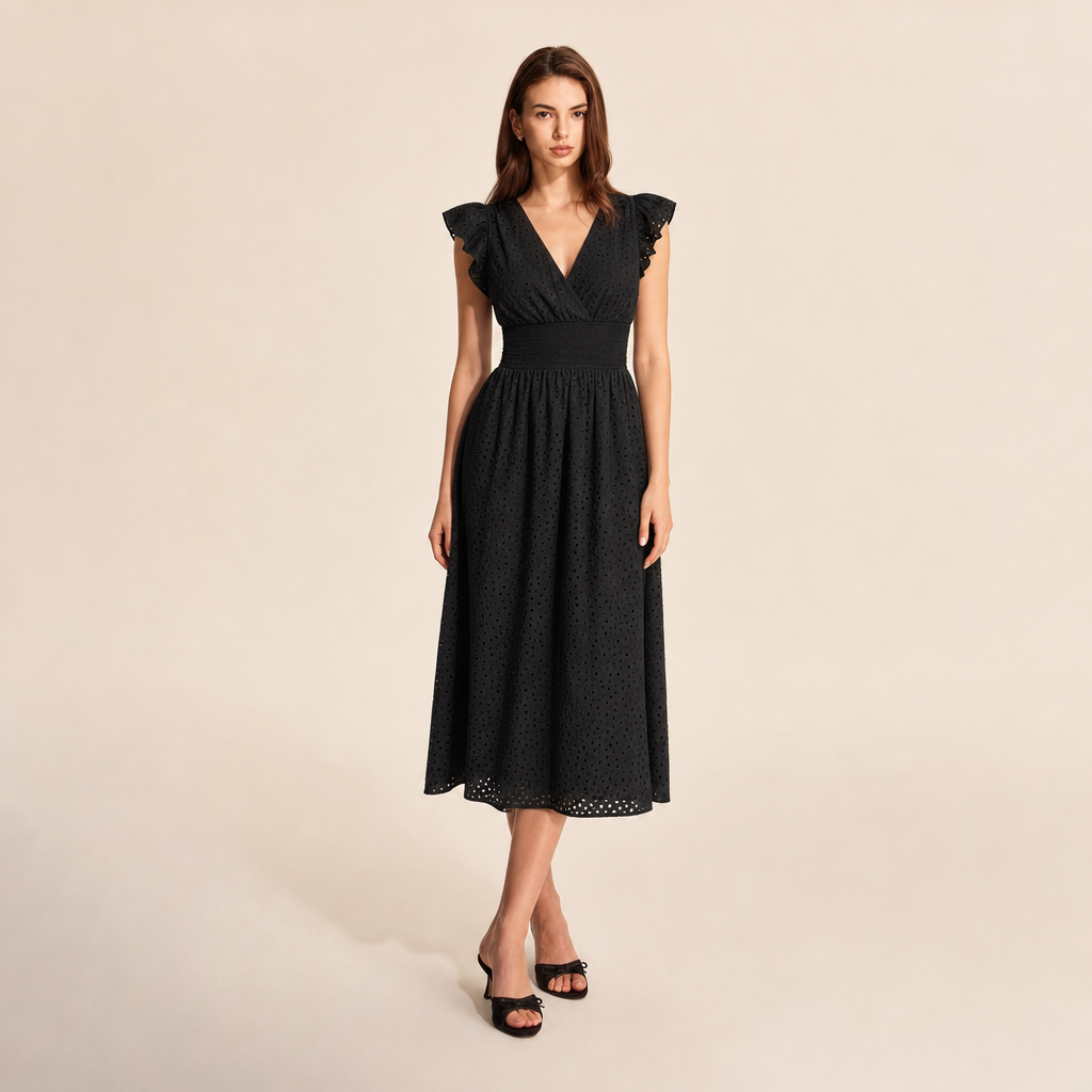 Broderie V-Neck Flutter Sleeve Shirred Waist A-Line Midi Dress