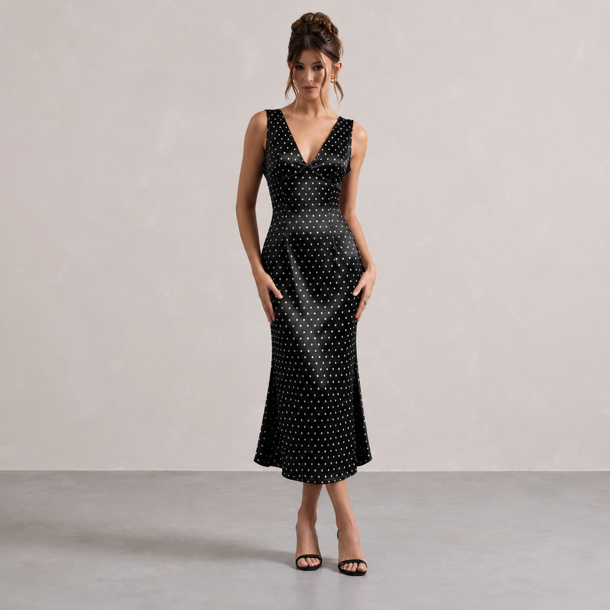 Polka Dot Satin V-Neck Fishtail Midi Dress