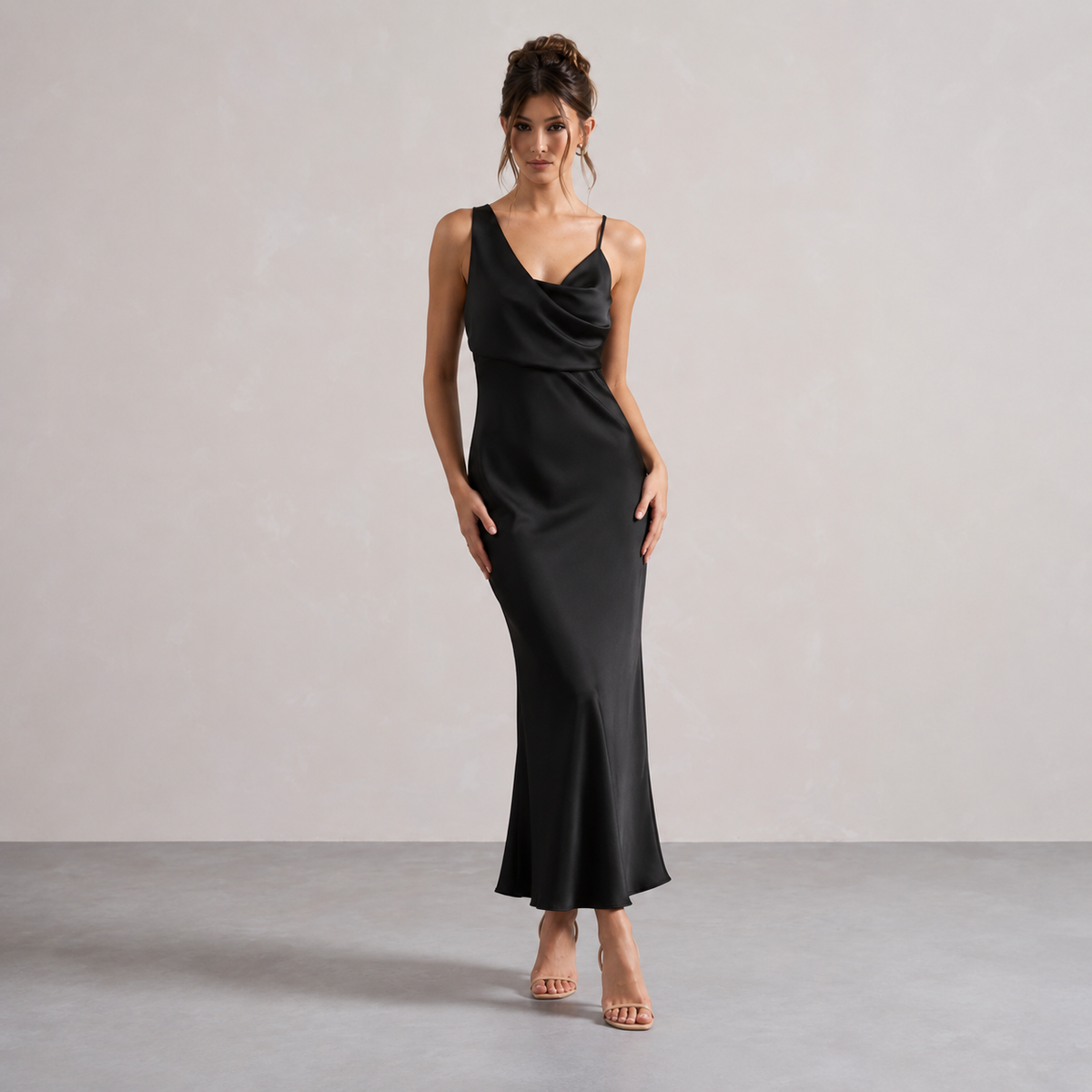 Cowl Neck Asymmetric Strap Satin Slip Maxi Dress