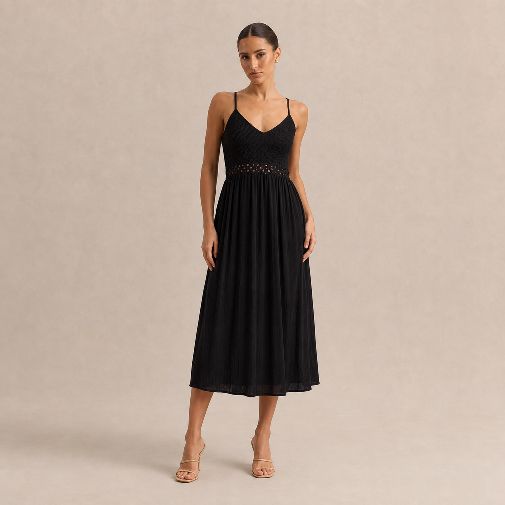 V-Neck Shirred Bodice Cut Out A-Line Midi Dress