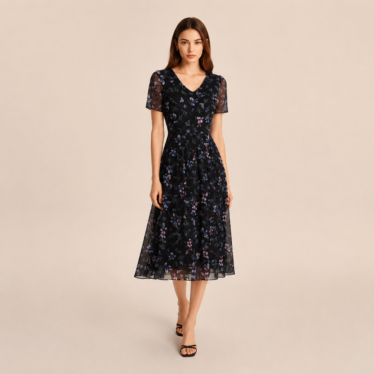 Floral V-Neck Short Sleeve Chiffon Fit and Flare Midi Dress