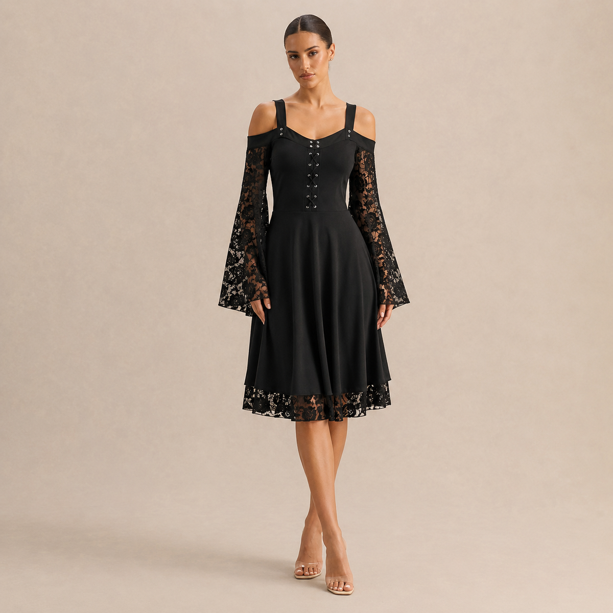 Cold Shoulder Lace Bell Sleeve Lace Up Fit and Flare Dress